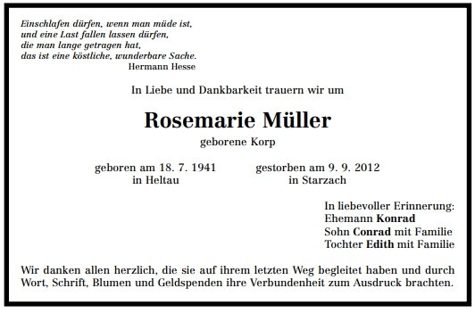 Korp Rosemarie 1941-2012 Todesanzeige